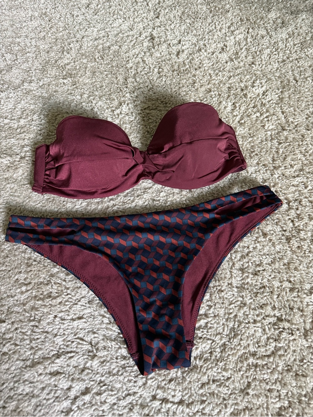 H&M Burgundy Strapless Bandeau Bikini Set with Geometric-Print Bottom size Small